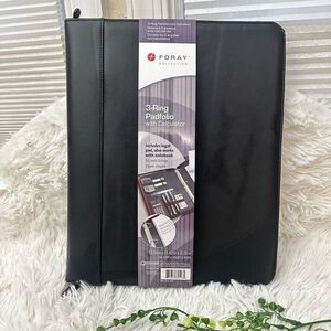 Foray 3 Ring Black Faux‎ Leather Zip Around Padfolio Binder Organizer NEW